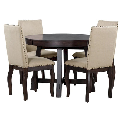 5 Piece Dining Table Set, Wooden Round Kitchen Dining Table Set with Extendable Dining Table and 4 Upholstered Dining Chairs