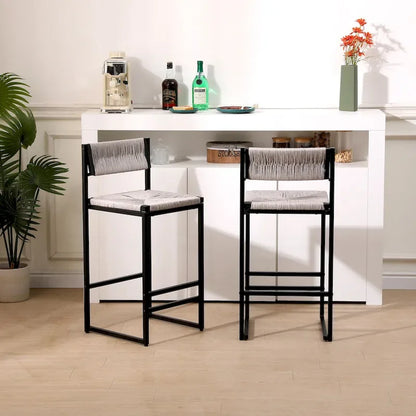 Counter Height Bar Stools Set of 2, Kichen Island Chairs with Back, Armless Dinning Room Chairs with Hand Weave