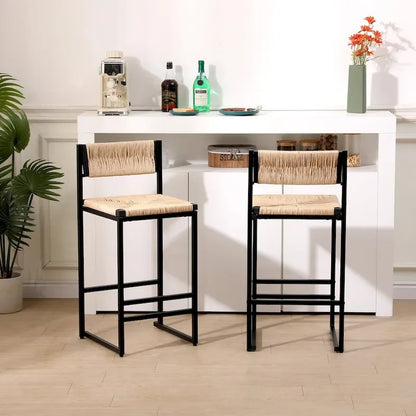Counter Height Bar Stools Set of 2, Kichen Island Chairs with Back, Armless Dinning Room Chairs with Hand Weave