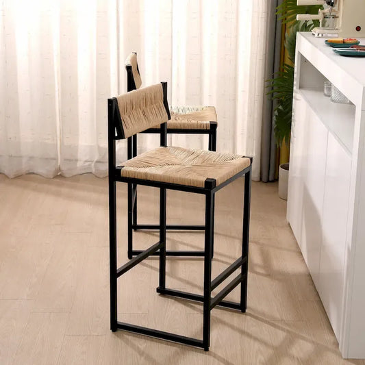 Counter Height Bar Stools Set of 2, Kichen Island Chairs with Back, Armless Dinning Room Chairs with Hand Weave