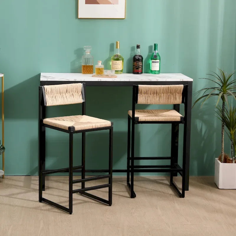 Counter Height Bar Stools Set of 2, Kichen Island Chairs with Back, Armless Dinning Room Chairs with Hand Weave