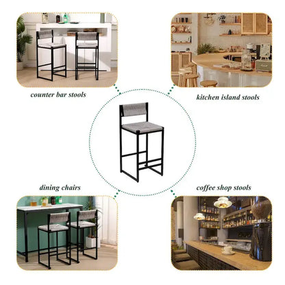 Counter Height Bar Stools Set of 2, Kichen Island Chairs with Back, Armless Dinning Room Chairs with Hand Weave