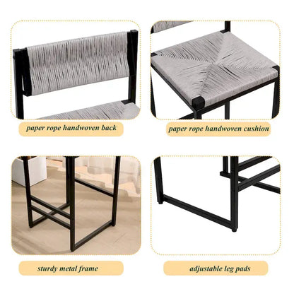 Counter Height Bar Stools Set of 2, Kichen Island Chairs with Back, Armless Dinning Room Chairs with Hand Weave