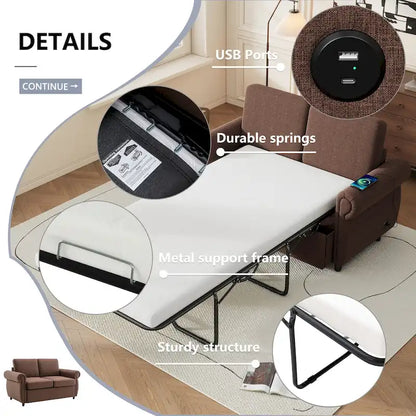Roomfitters 57.9 Pull-Out Sleeper Sofa Loveseat with Twin Size Memory Foam Mattress, Two USB Charging Ports