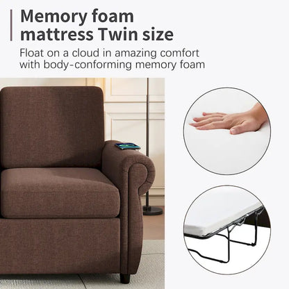 Roomfitters 57.9 Pull-Out Sleeper Sofa Loveseat with Twin Size Memory Foam Mattress, Two USB Charging Ports