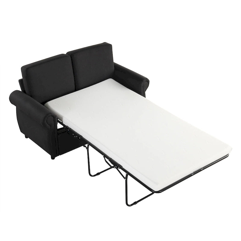 Roomfitters 57.9 Pull-Out Sleeper Sofa Loveseat with Twin Size Memory Foam Mattress, Two USB Charging Ports