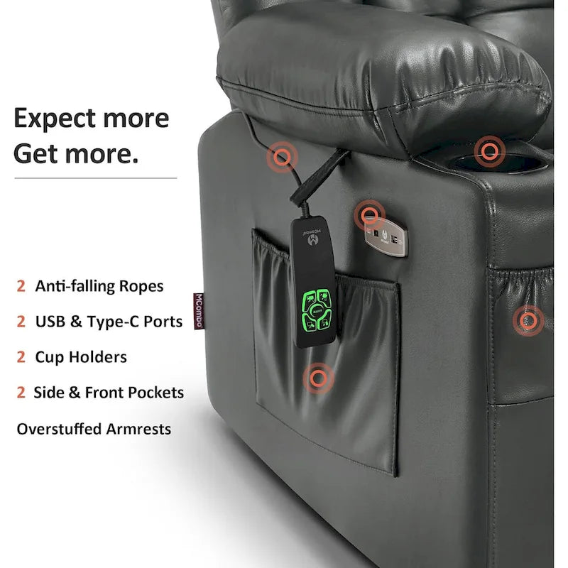 MCombo Large Dual Motor Power Lift Recliner Chair Sofa with Massage and Heat for Tall Elderly People, Faux Leather 7896