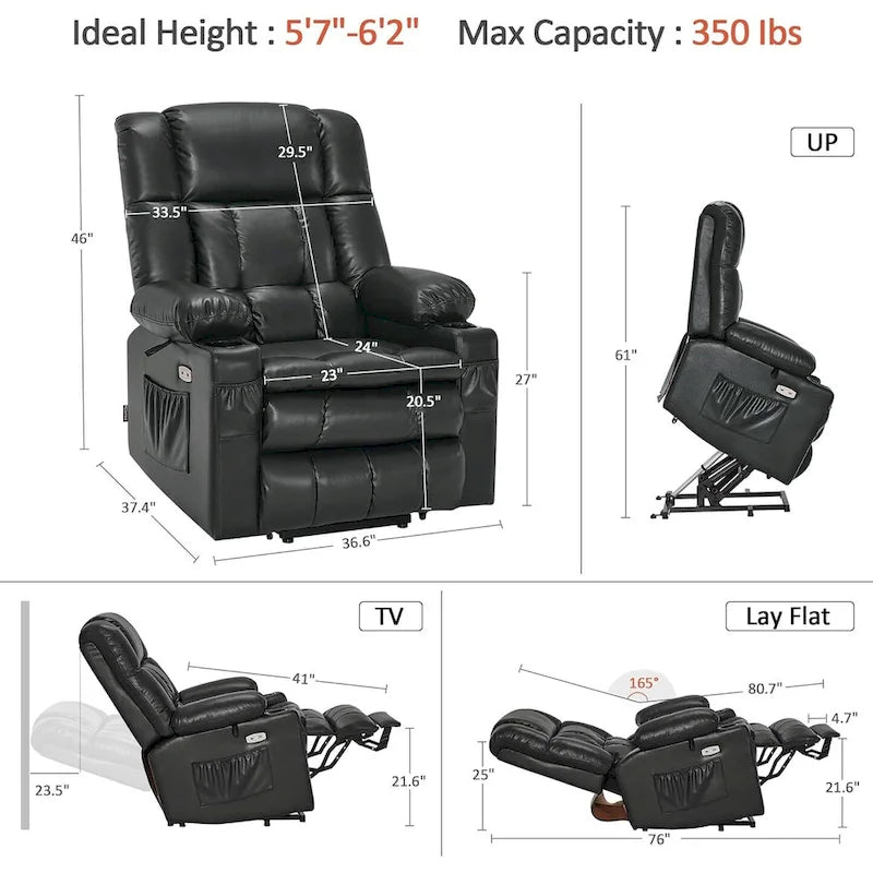 MCombo Large Dual Motor Power Lift Recliner Chair Sofa with Massage and Heat for Tall Elderly People, Faux Leather 7896