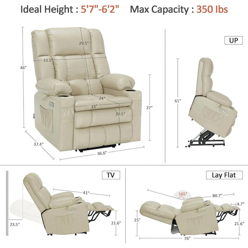 MCombo Large Dual Motor Power Lift Recliner Chair Sofa with Massage and Heat for Tall Elderly People, Faux Leather 7896