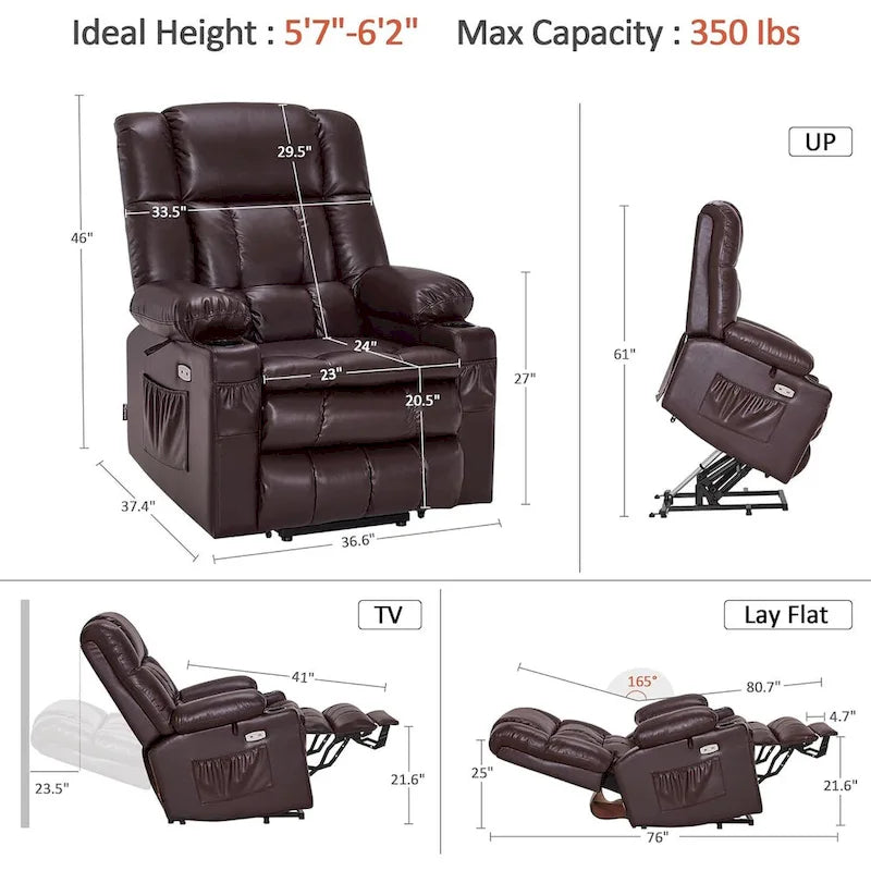 MCombo Large Dual Motor Power Lift Recliner Chair Sofa with Massage and Heat for Tall Elderly People, Faux Leather 7896