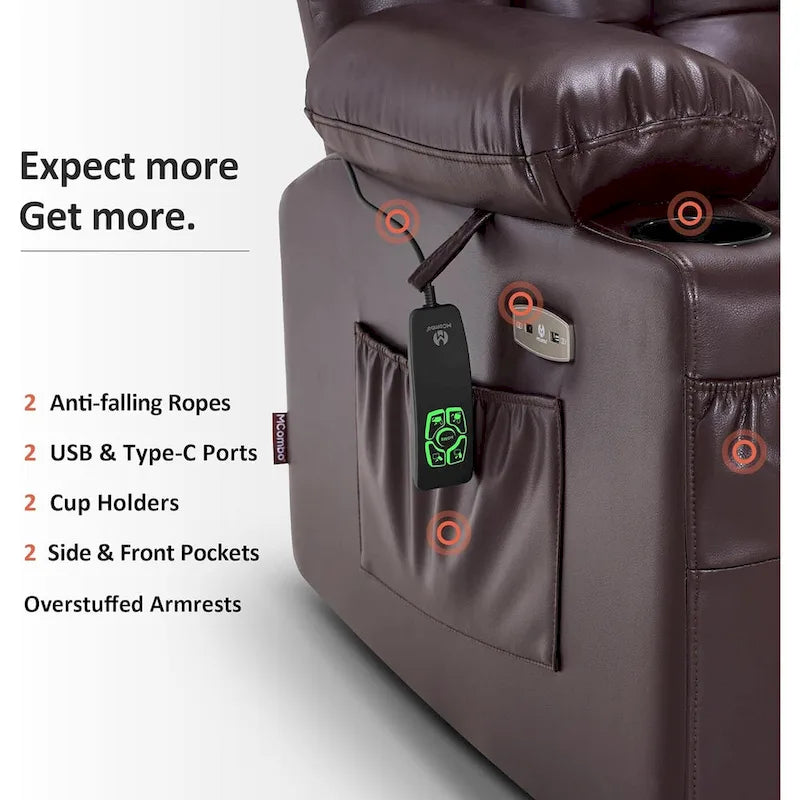 MCombo Large Dual Motor Power Lift Recliner Chair Sofa with Massage and Heat for Tall Elderly People, Faux Leather 7896