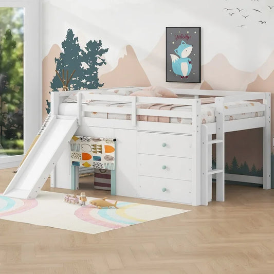 Full Size Low Loft Bed with Slide,Three Storage Drawers and 2 Doors, White