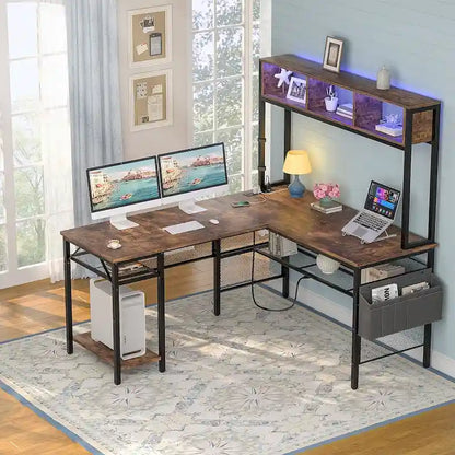 Reversible L-shaped Computer Desk with Storage Shelves and LED Strip and Power Outlets,Corner Desk Gaming Table