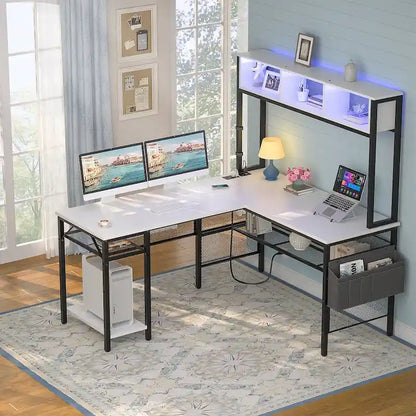 Reversible L-shaped Computer Desk with Storage Shelves and LED Strip and Power Outlets,Corner Desk Gaming Table