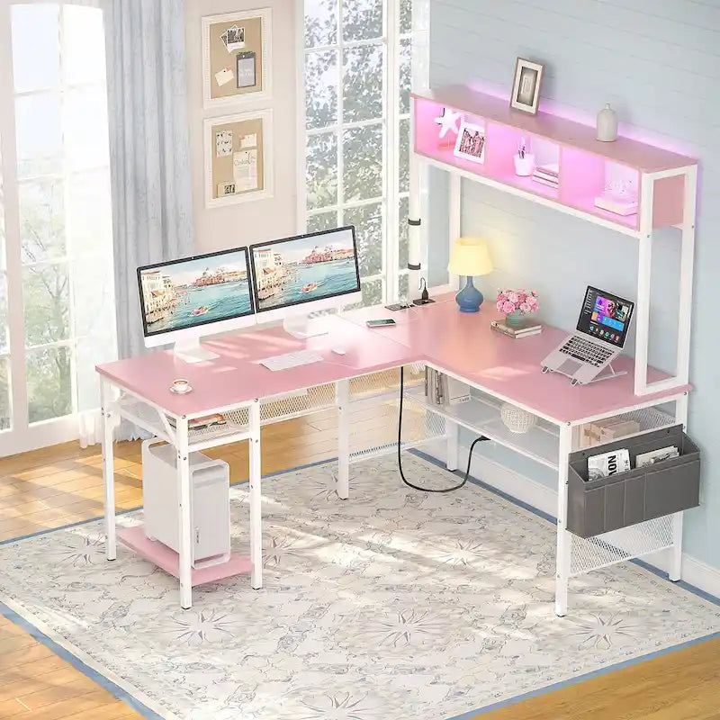 Reversible L-shaped Computer Desk with Storage Shelves and LED Strip and Power Outlets,Corner Desk Gaming Table