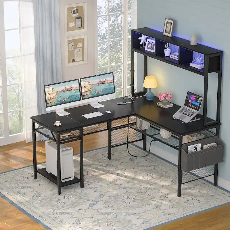 Reversible L-shaped Computer Desk with Storage Shelves and LED Strip and Power Outlets,Corner Desk Gaming Table