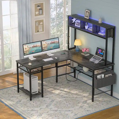 Reversible L-shaped Computer Desk with Storage Shelves and LED Strip and Power Outlets,Corner Desk Gaming Table