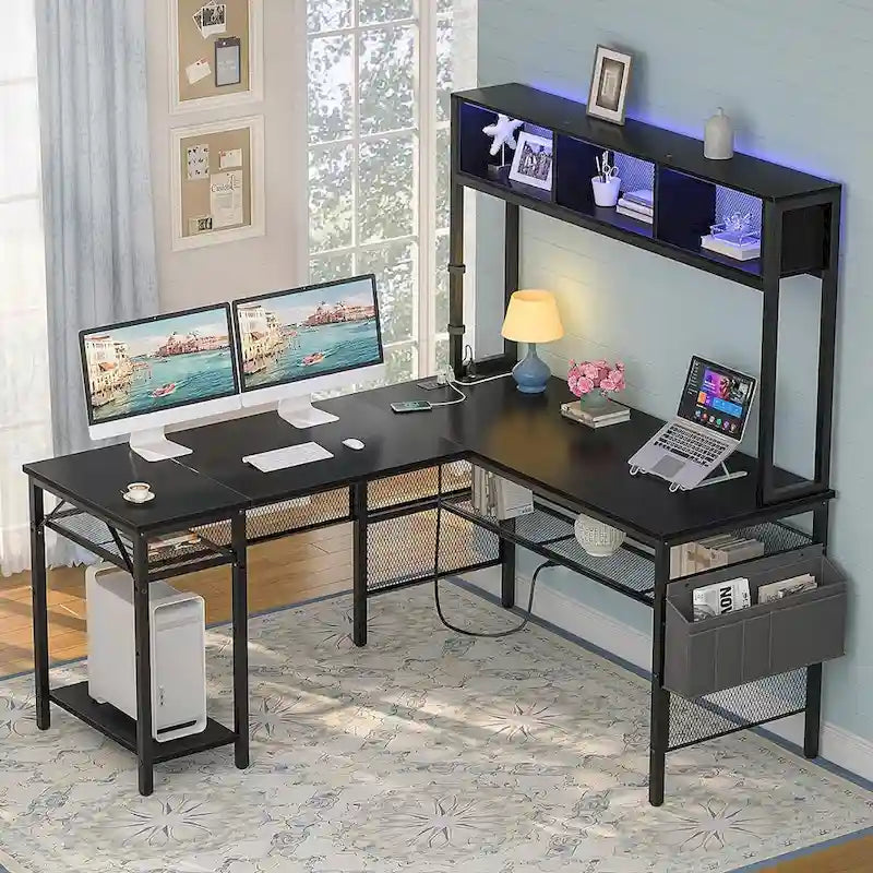 Reversible L-shaped Computer Desk with Storage Shelves and LED Strip and Power Outlets,Corner Desk Gaming Table