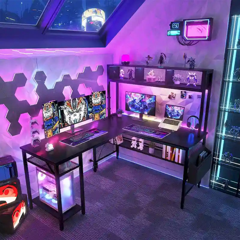 Reversible L-shaped Computer Desk with Storage Shelves and LED Strip and Power Outlets,Corner Desk Gaming Table