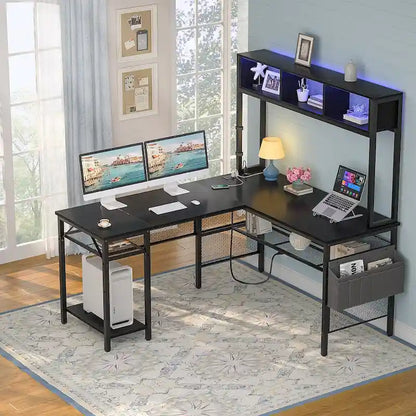 Reversible L-shaped Computer Desk with Storage Shelves and LED Strip and Power Outlets,Corner Desk Gaming Table