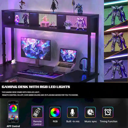 Reversible L-shaped Computer Desk with Storage Shelves and LED Strip and Power Outlets,Corner Desk Gaming Table