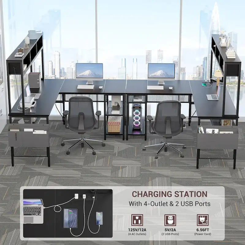 Reversible L-shaped Computer Desk with Storage Shelves and LED Strip and Power Outlets,Corner Desk Gaming Table