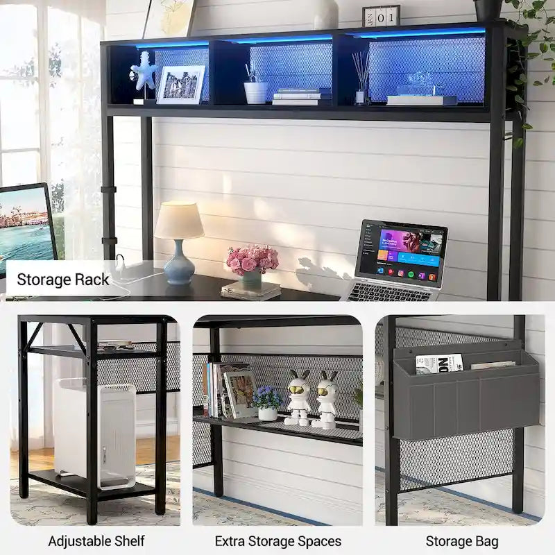 Reversible L-shaped Computer Desk with Storage Shelves and LED Strip and Power Outlets,Corner Desk Gaming Table