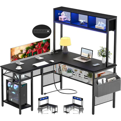 Reversible L-shaped Computer Desk with Storage Shelves and LED Strip and Power Outlets,Corner Desk Gaming Table