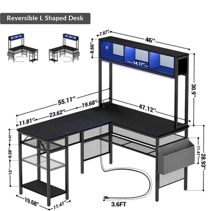 Reversible L-shaped Computer Desk with Storage Shelves and LED Strip and Power Outlets,Corner Desk Gaming Table