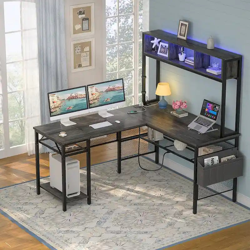 Reversible L-shaped Computer Desk with Storage Shelves and LED Strip and Power Outlets,Corner Desk Gaming Table
