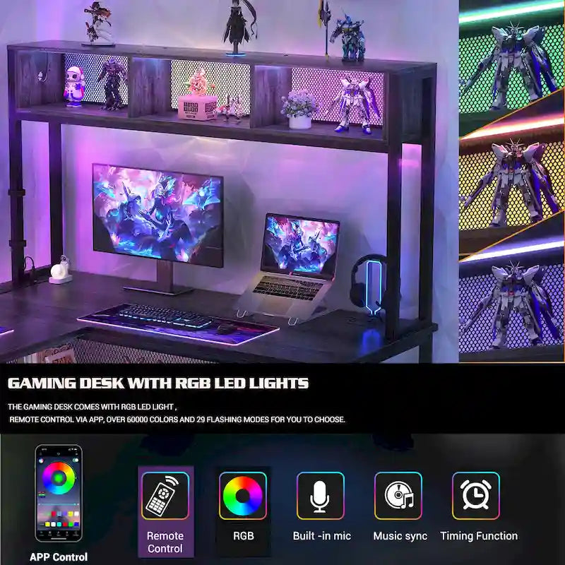 Reversible L-shaped Computer Desk with Storage Shelves and LED Strip and Power Outlets,Corner Desk Gaming Table