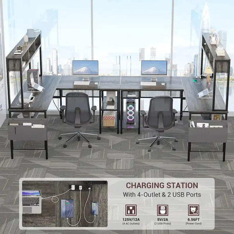 Reversible L-shaped Computer Desk with Storage Shelves and LED Strip and Power Outlets,Corner Desk Gaming Table