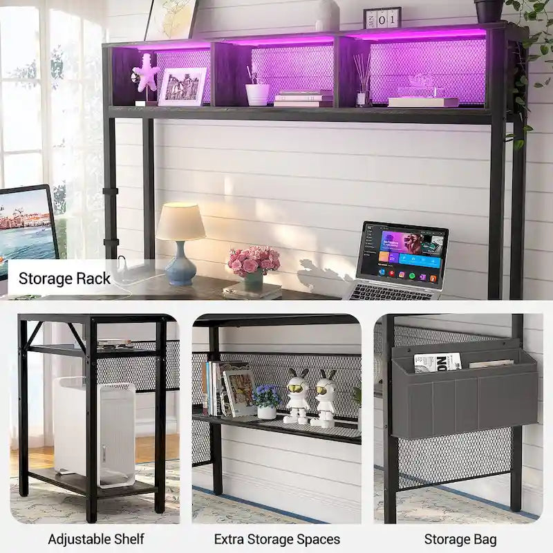 Reversible L-shaped Computer Desk with Storage Shelves and LED Strip and Power Outlets,Corner Desk Gaming Table