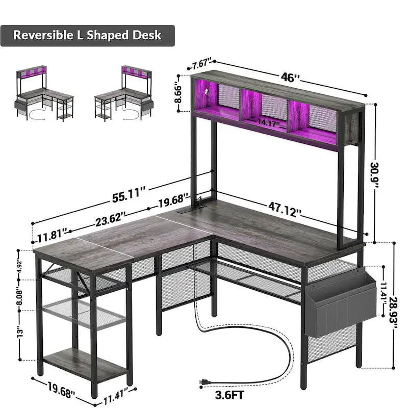Reversible L-shaped Computer Desk with Storage Shelves and LED Strip and Power Outlets,Corner Desk Gaming Table