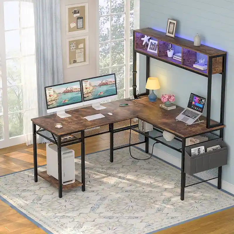 Reversible L-shaped Computer Desk with Storage Shelves and LED Strip and Power Outlets,Corner Desk Gaming Table