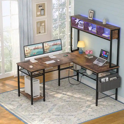 Reversible L-shaped Computer Desk with Storage Shelves and LED Strip and Power Outlets,Corner Desk Gaming Table