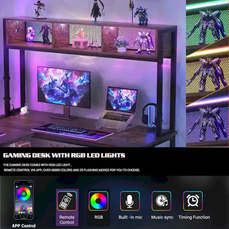 Reversible L-shaped Computer Desk with Storage Shelves and LED Strip and Power Outlets,Corner Desk Gaming Table