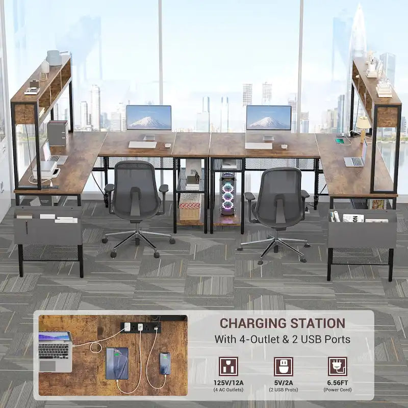 Reversible L-shaped Computer Desk with Storage Shelves and LED Strip and Power Outlets,Corner Desk Gaming Table