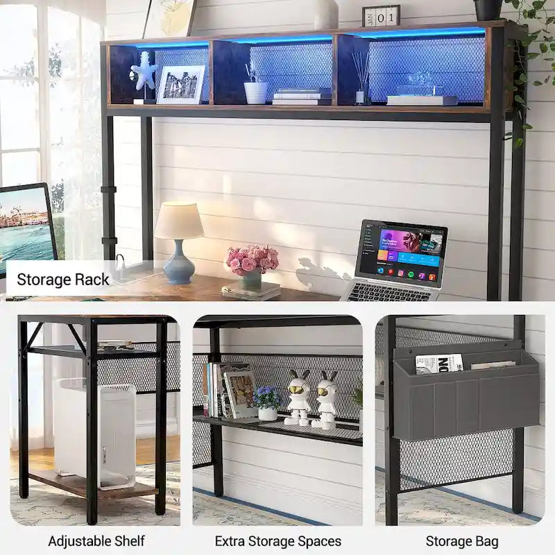 Reversible L-shaped Computer Desk with Storage Shelves and LED Strip and Power Outlets,Corner Desk Gaming Table