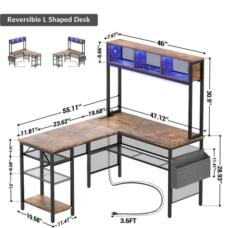 Reversible L-shaped Computer Desk with Storage Shelves and LED Strip and Power Outlets,Corner Desk Gaming Table