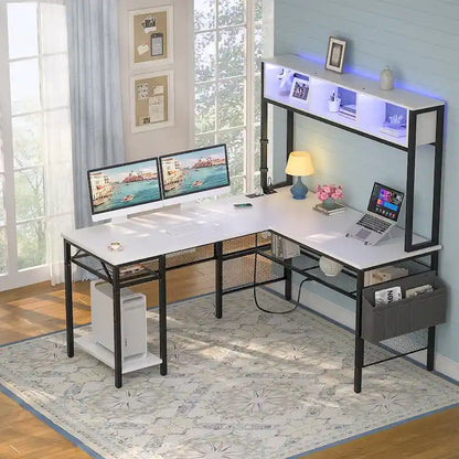 Reversible L-shaped Computer Desk with Storage Shelves and LED Strip and Power Outlets,Corner Desk Gaming Table
