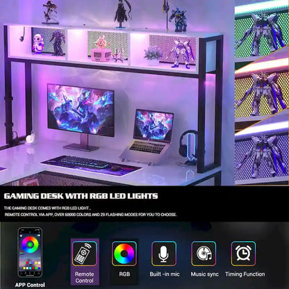 Reversible L-shaped Computer Desk with Storage Shelves and LED Strip and Power Outlets,Corner Desk Gaming Table