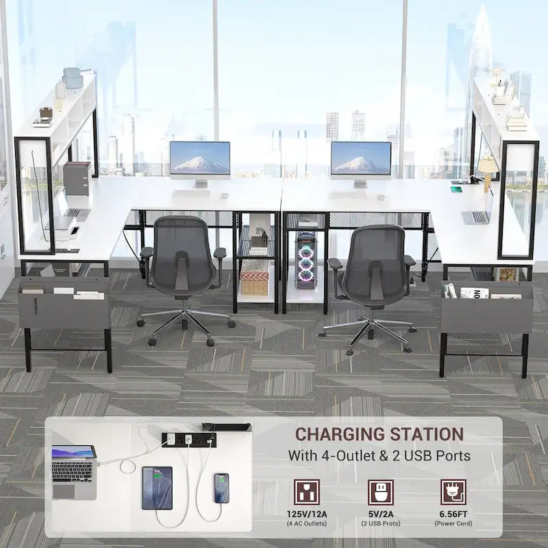 Reversible L-shaped Computer Desk with Storage Shelves and LED Strip and Power Outlets,Corner Desk Gaming Table