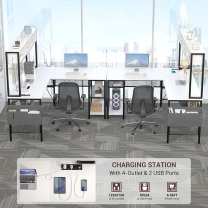 Reversible L-shaped Computer Desk with Storage Shelves and LED Strip and Power Outlets,Corner Desk Gaming Table
