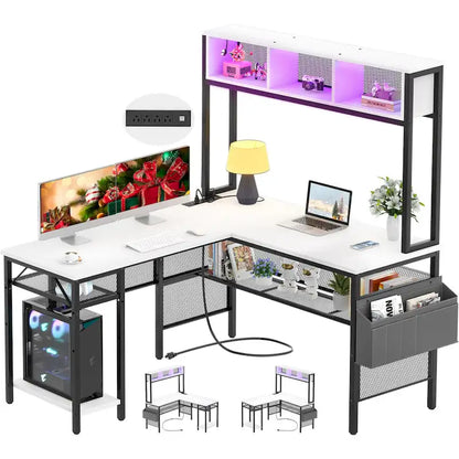 Reversible L-shaped Computer Desk with Storage Shelves and LED Strip and Power Outlets,Corner Desk Gaming Table