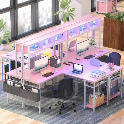 Reversible L-shaped Computer Desk with Storage Shelves and LED Strip and Power Outlets,Corner Desk Gaming Table