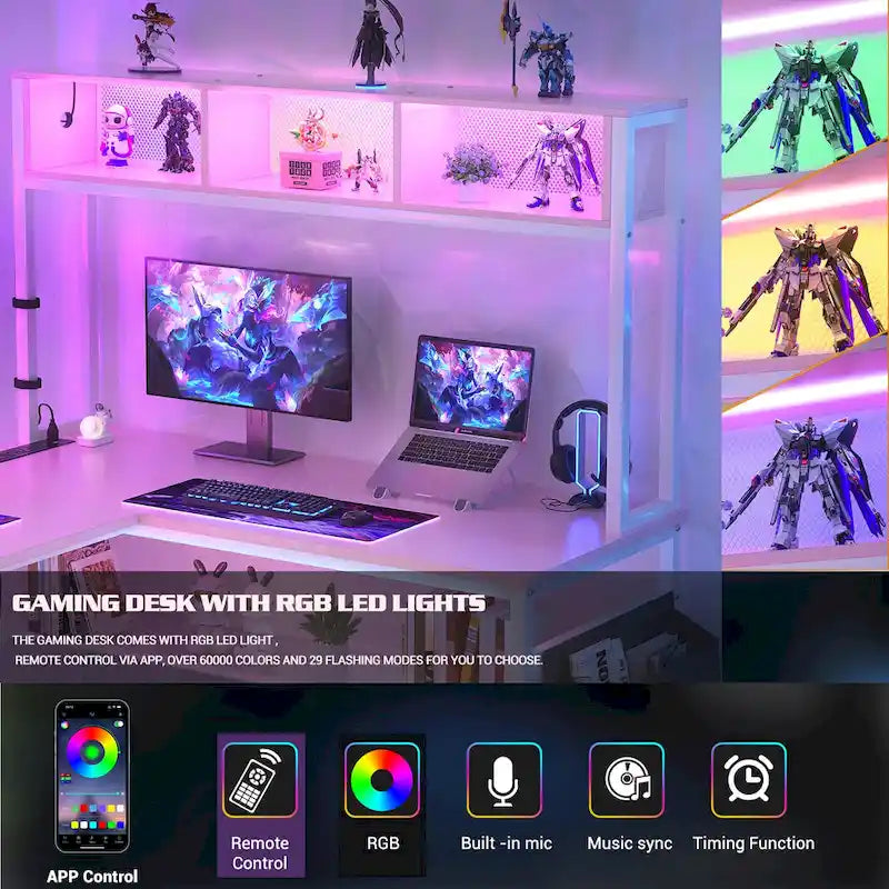 Reversible L-shaped Computer Desk with Storage Shelves and LED Strip and Power Outlets,Corner Desk Gaming Table