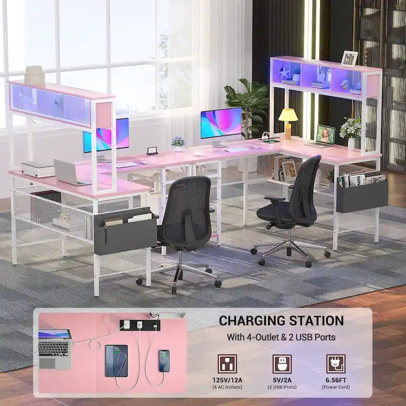 Reversible L-shaped Computer Desk with Storage Shelves and LED Strip and Power Outlets,Corner Desk Gaming Table