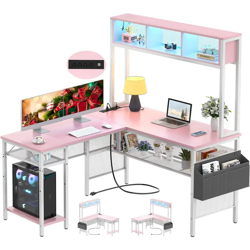 Reversible L-shaped Computer Desk with Storage Shelves and LED Strip and Power Outlets,Corner Desk Gaming Table