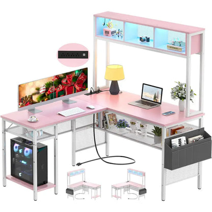 Reversible L-shaped Computer Desk with Storage Shelves and LED Strip and Power Outlets,Corner Desk Gaming Table